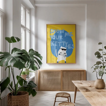 Cool Cat IV by Mercedes Lopez Charro. shown as a print in a natural wood frame in a dining room. Available as a archival giclee rolled canvas, fine art paper, or poster print. SKU 85529h.