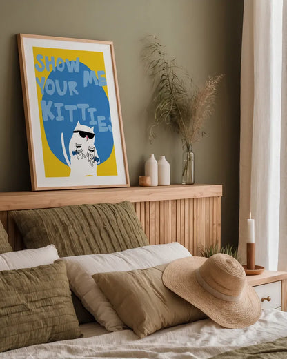 Cool Cat IV by Mercedes Lopez Charro. shown as a paper print in a natural frame. Available as a archival giclee rolled canvas, fine art paper, or poster print. SKU 85529h.