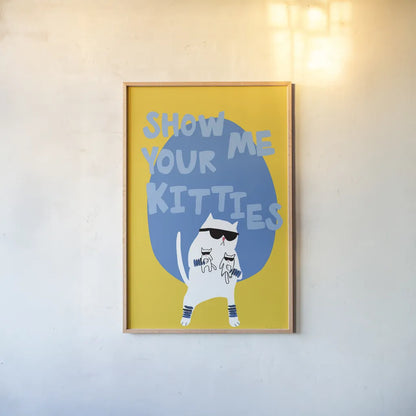 Cool Cat IV by Mercedes Lopez Charro. shown as a paper print in a natural frame. Available as a archival giclee rolled canvas, fine art paper, or poster print. SKU 85529h.