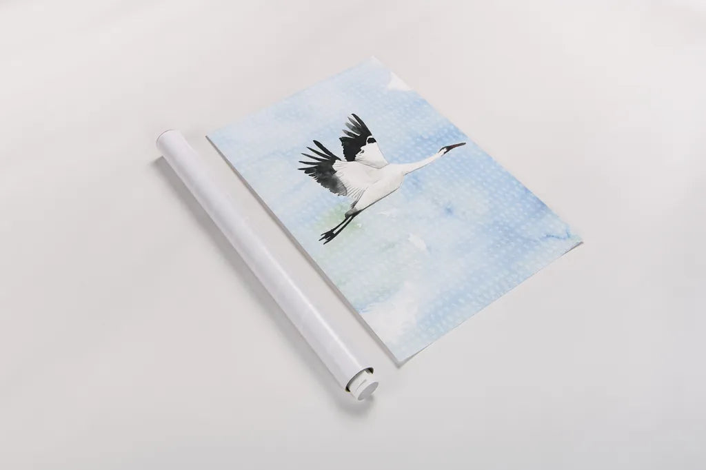 Crane in Flight I by Mercedes Lopez Charro. shown as a rolled paper print. Available as archival giclee rolled canvas, fine art paper, or poster print. SKU 77497h.