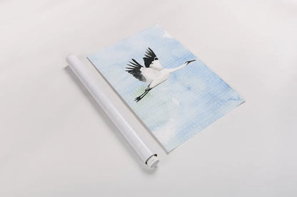 Crane in Flight I by Mercedes Lopez Charro. shown as a rolled paper print. Available as archival giclee rolled canvas, fine art paper, or poster print. SKU 77497h.