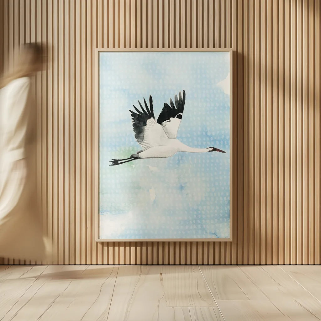 Crane in Flight I by Mercedes Lopez Charro. shown as over sized large wall art. Available as an archival giclee rolled canvas, fine art paper, or poster print. SKU 77497h.