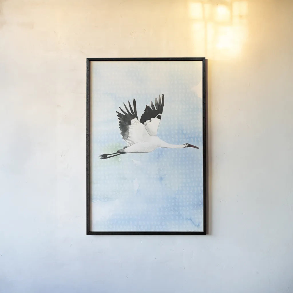 Crane in Flight I by Mercedes Lopez Charro. shown as a paper print in a black flame. Available as a archival giclee rolled canvas, fine art paper, or poster print. SKU 77497h.