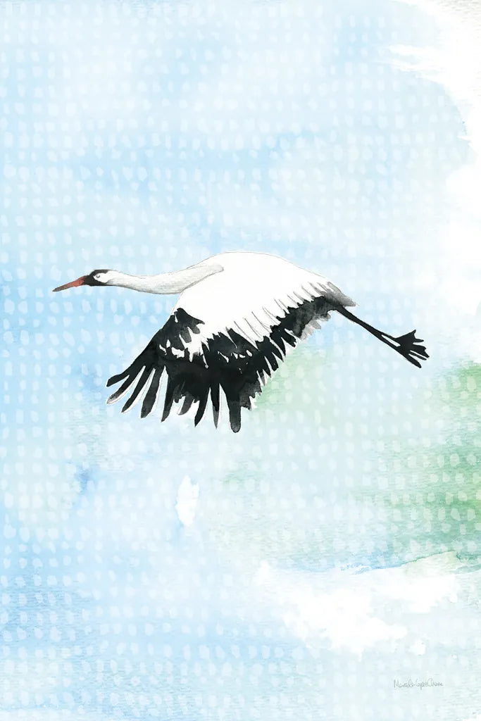 Crane in Flight II by Mercedes Lopez Charro. SKU 77498h. Archival Giclee Fine art print for wall decor.