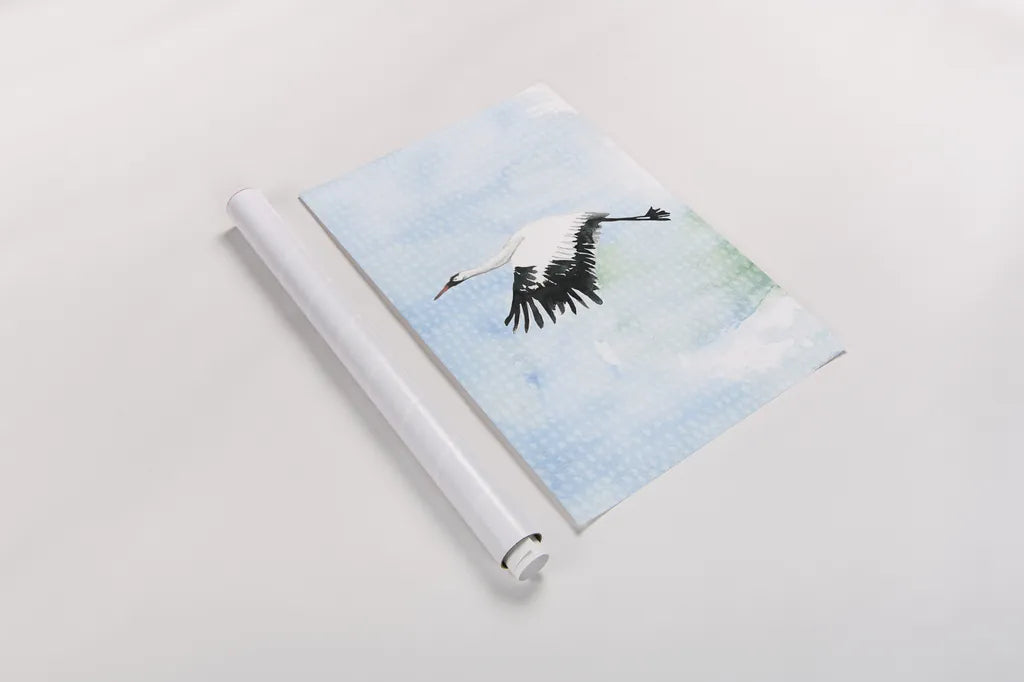 Crane in Flight II by Mercedes Lopez Charro. shown as a rolled paper print. Available as archival giclee rolled canvas, fine art paper, or poster print. SKU 77498h.