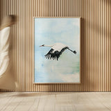 Crane in Flight II by Mercedes Lopez Charro. shown as over sized large wall art. Available as an archival giclee rolled canvas, fine art paper, or poster print. SKU 77498h.