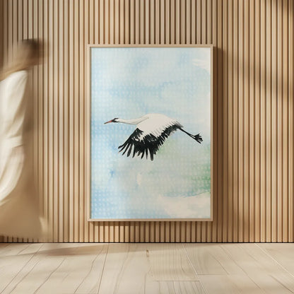 Crane in Flight II by Mercedes Lopez Charro. shown as over sized large wall art. Available as an archival giclee rolled canvas, fine art paper, or poster print. SKU 77498h.