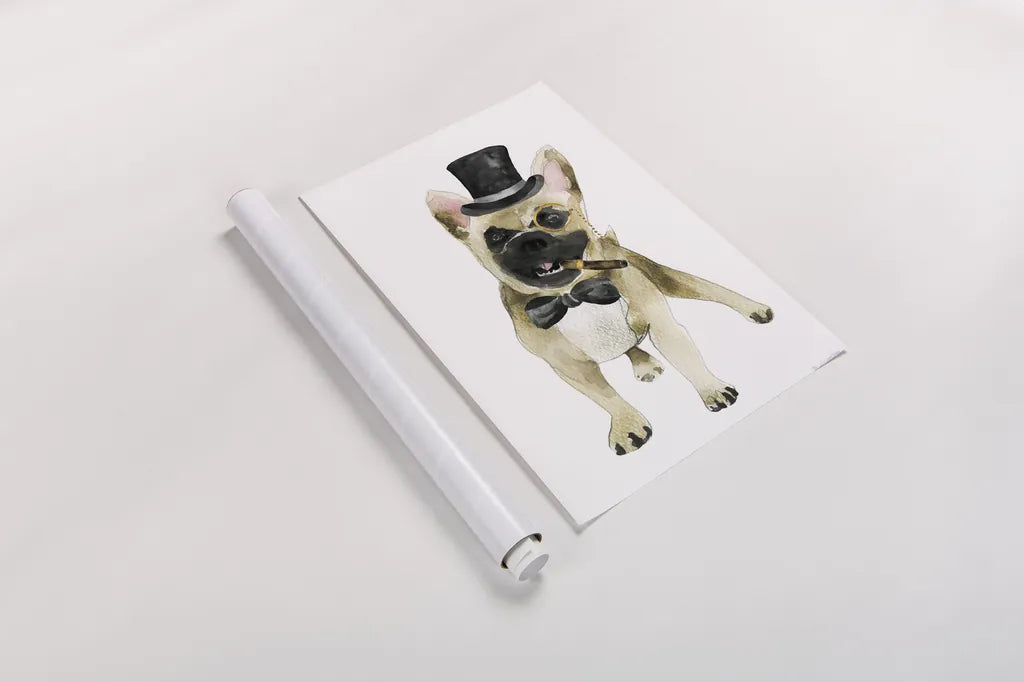 Dapper Dog I by Mercedes Lopez Charro. shown as a rolled paper print. Available as archival giclee rolled canvas, fine art paper, or poster print. SKU 86870h.