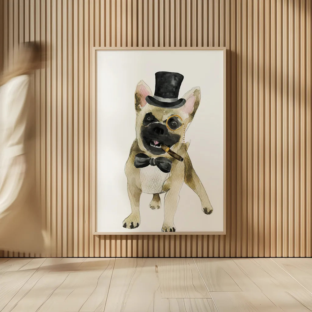 Dapper Dog I by Mercedes Lopez Charro. shown as over sized large wall art. Available as an archival giclee rolled canvas, fine art paper, or poster print. SKU 86870h.