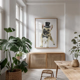 Dapper Dog I by Mercedes Lopez Charro. shown as a print in a natural wood frame in a dining room. Available as a archival giclee rolled canvas, fine art paper, or poster print. SKU 86870h.
