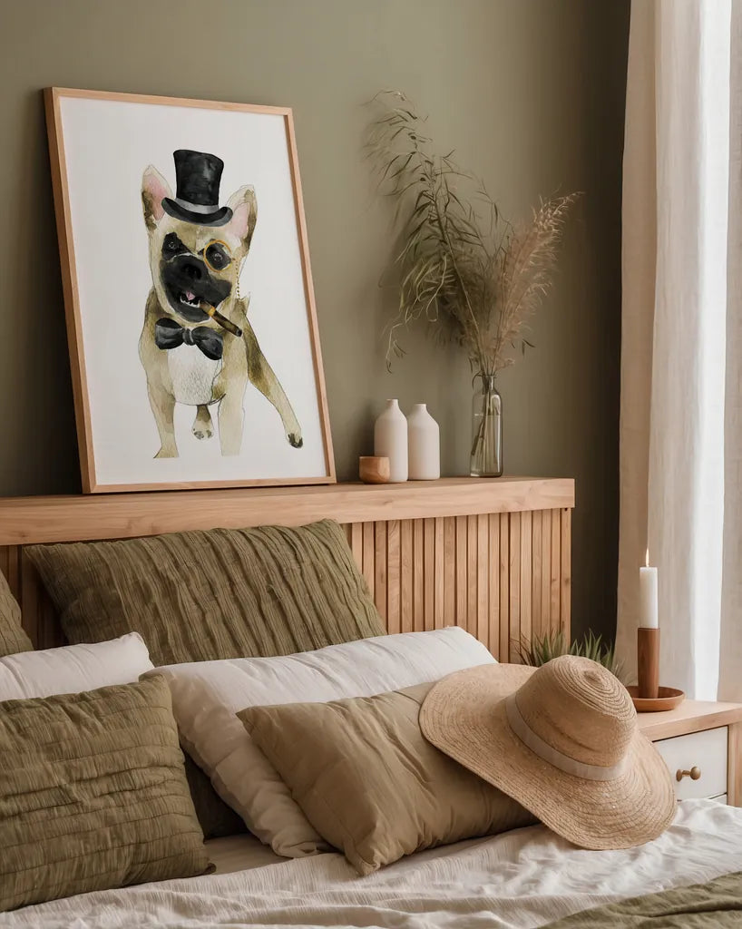 Dapper Dog I by Mercedes Lopez Charro. shown as a paper print in a natural frame. Available as a archival giclee rolled canvas, fine art paper, or poster print. SKU 86870h.