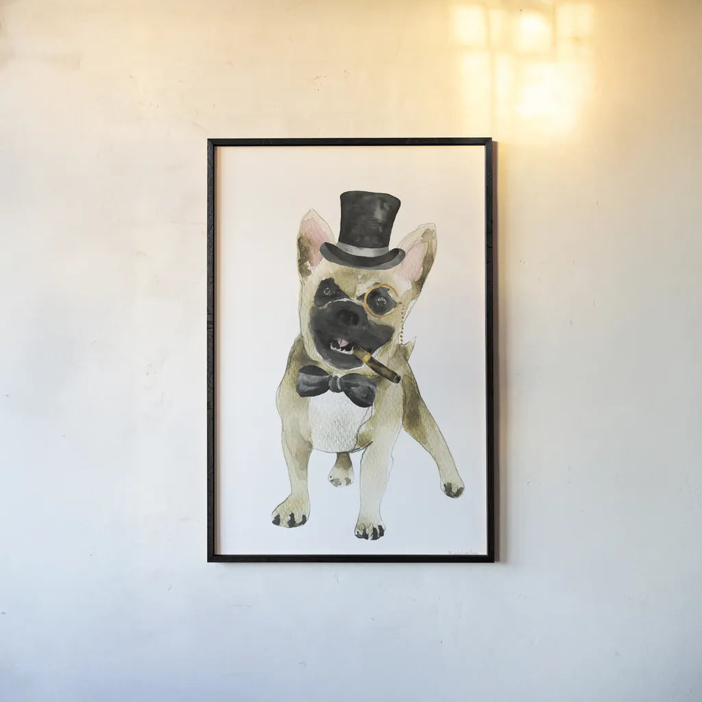 Dapper Dog I by Mercedes Lopez Charro. shown as a paper print in a black flame. Available as a archival giclee rolled canvas, fine art paper, or poster print. SKU 86870h.