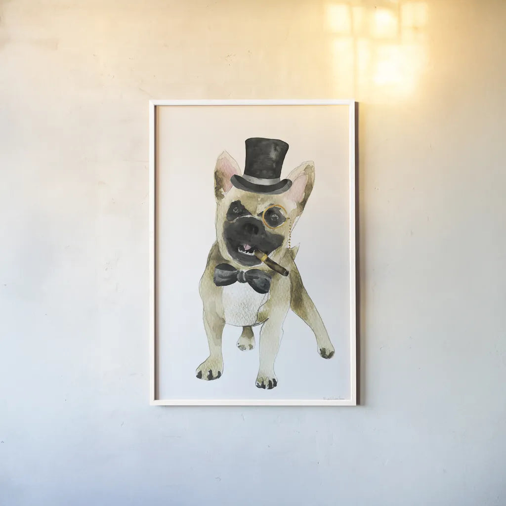Dapper Dog I by Mercedes Lopez Charro. shown as a paper print in a white frame. Available as a archival giclee rolled canvas, fine art paper, or poster print. SKU 86870h.