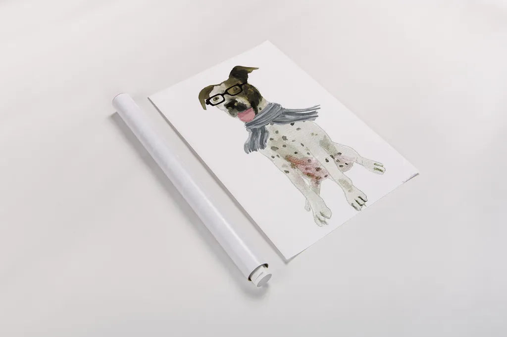 Dapper Dog II by Mercedes Lopez Charro. shown as a rolled paper print. Available as archival giclee rolled canvas, fine art paper, or poster print. SKU 86871h.
