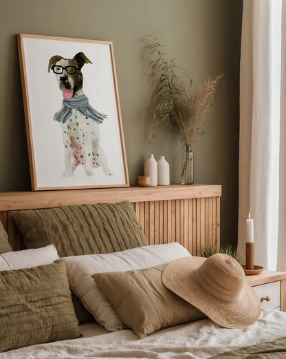 Dapper Dog II by Mercedes Lopez Charro. shown as a paper print in a natural frame. Available as a archival giclee rolled canvas, fine art paper, or poster print. SKU 86871h.