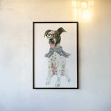 Dapper Dog II by Mercedes Lopez Charro. shown as a paper print in a black flame. Available as a archival giclee rolled canvas, fine art paper, or poster print. SKU 86871h.