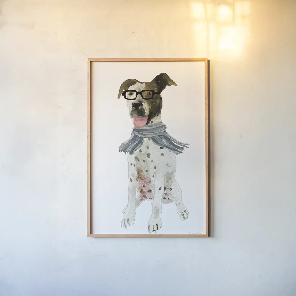 Dapper Dog II by Mercedes Lopez Charro. shown as a paper print in a natural frame. Available as a archival giclee rolled canvas, fine art paper, or poster print. SKU 86871h.