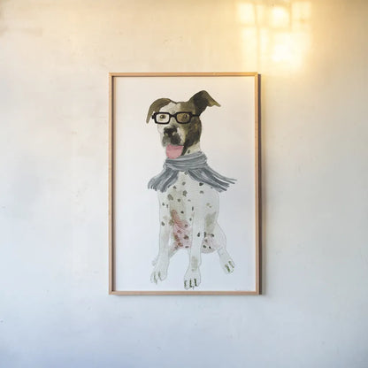 Dapper Dog II by Mercedes Lopez Charro. shown as a paper print in a natural frame. Available as a archival giclee rolled canvas, fine art paper, or poster print. SKU 86871h.