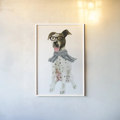 Dapper Dog II by Mercedes Lopez Charro. shown as a paper print in a white frame. Available as a archival giclee rolled canvas, fine art paper, or poster print. SKU 86871h.