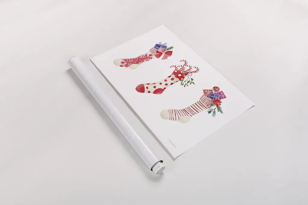 Decked Out Stockings by Mercedes Lopez Charro. shown as a rolled paper print. Available as archival giclee rolled canvas, fine art paper, or poster print. SKU 77101i.