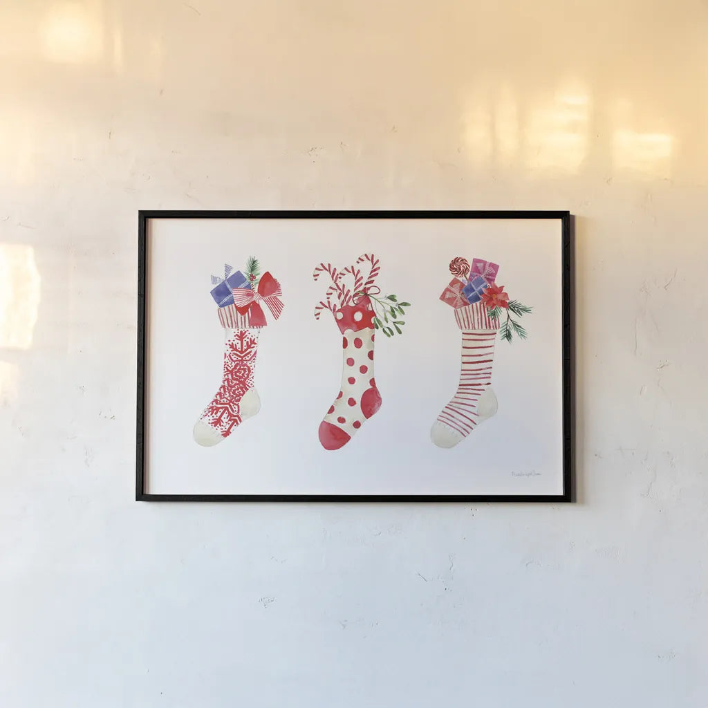 Decked Out Stockings by Mercedes Lopez Charro. shown as a paper print in a black flame. Available as a archival giclee rolled canvas, fine art paper, or poster print. SKU 77101i.