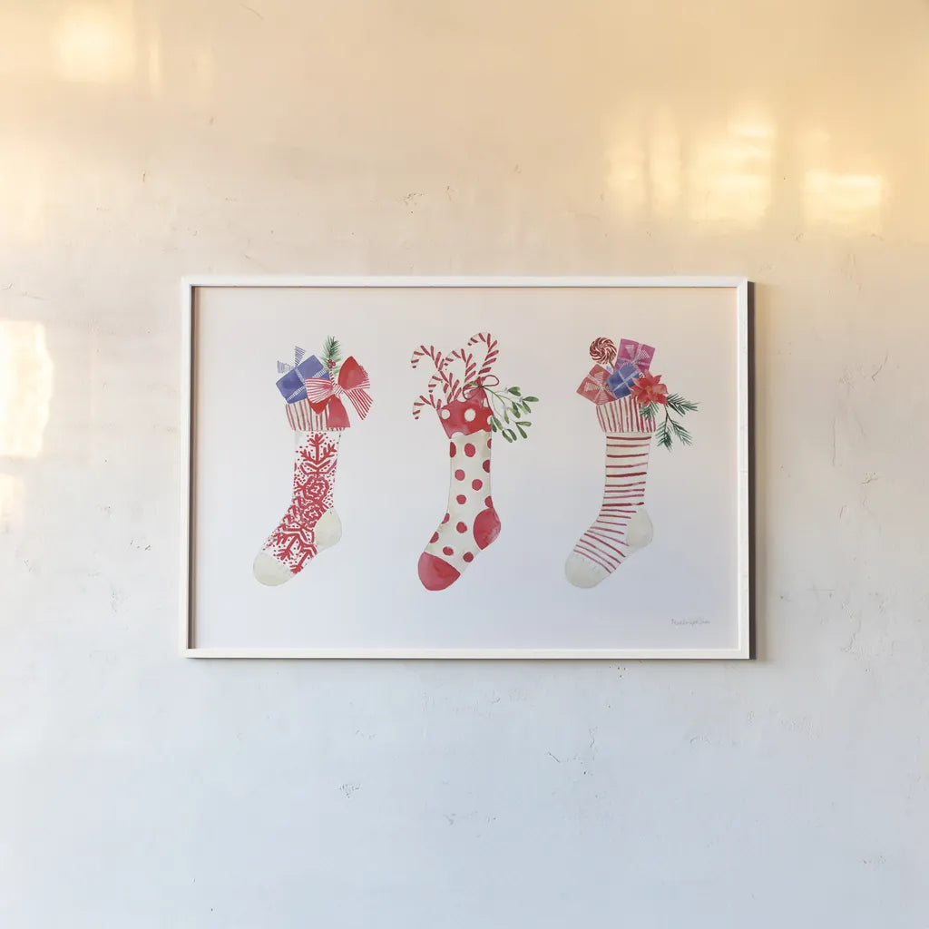 Decked Out Stockings by Mercedes Lopez Charro. shown as a paper print in a white frame. Available as a archival giclee rolled canvas, fine art paper, or poster print. SKU 77101i.