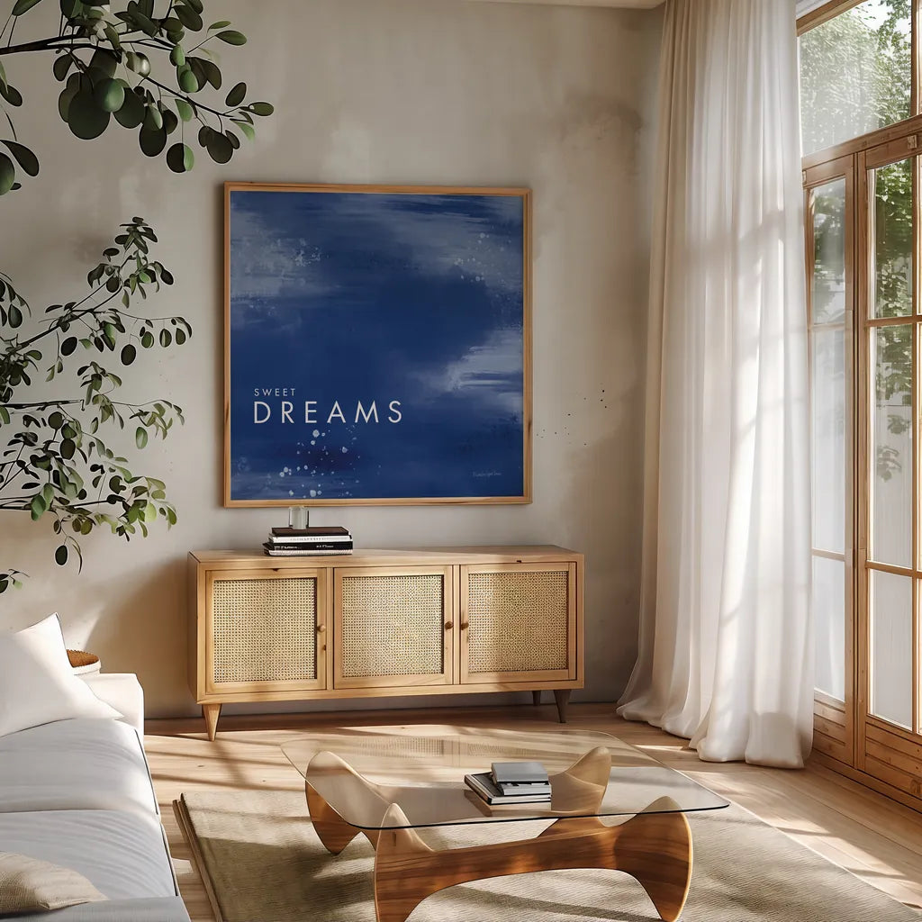 Dreams by Mercedes Lopez Charro. Shown in a natural wood frame in a cozy modern living room. Available as an archival giclee rolled canvas, fine art paper, or poster print. SKU 67821a.
