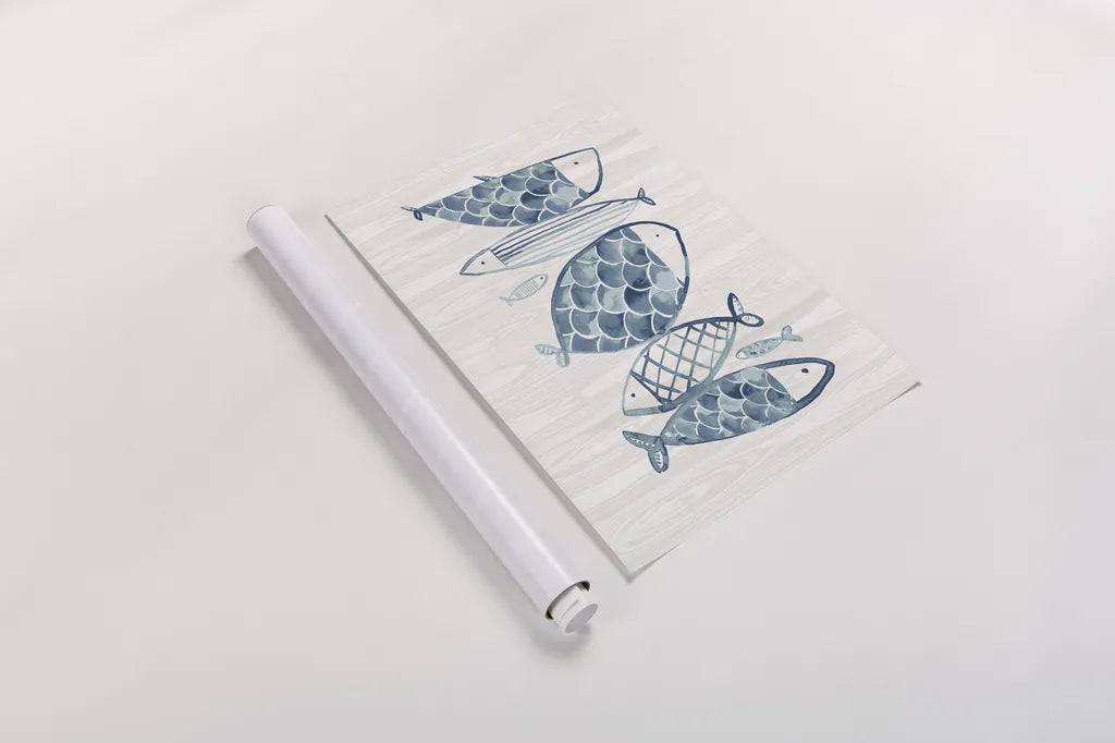 Driftwood Blue Fish I by Mercedes Lopez Charro. shown as a rolled paper print. Available as archival giclee rolled canvas, fine art paper, or poster print. SKU 82296h.