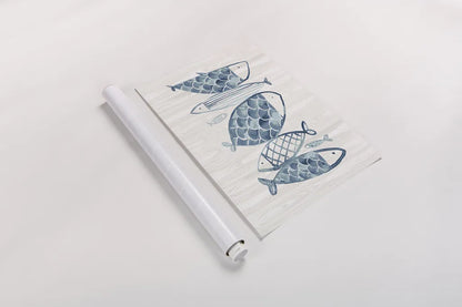 Driftwood Blue Fish I by Mercedes Lopez Charro. shown as a rolled paper print. Available as archival giclee rolled canvas, fine art paper, or poster print. SKU 82296h.