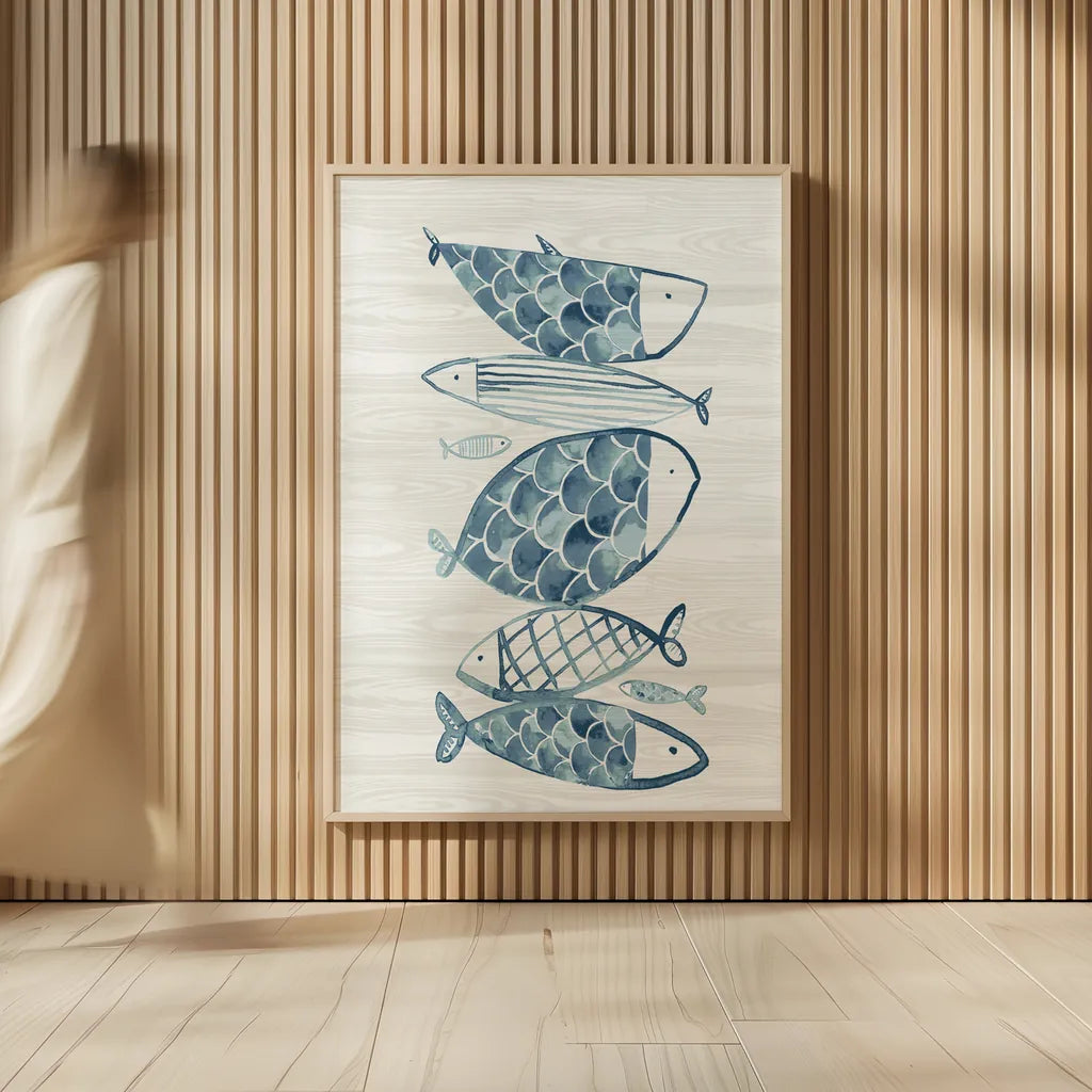 Driftwood Blue Fish I by Mercedes Lopez Charro. shown as over sized large wall art. Available as an archival giclee rolled canvas, fine art paper, or poster print. SKU 82296h.