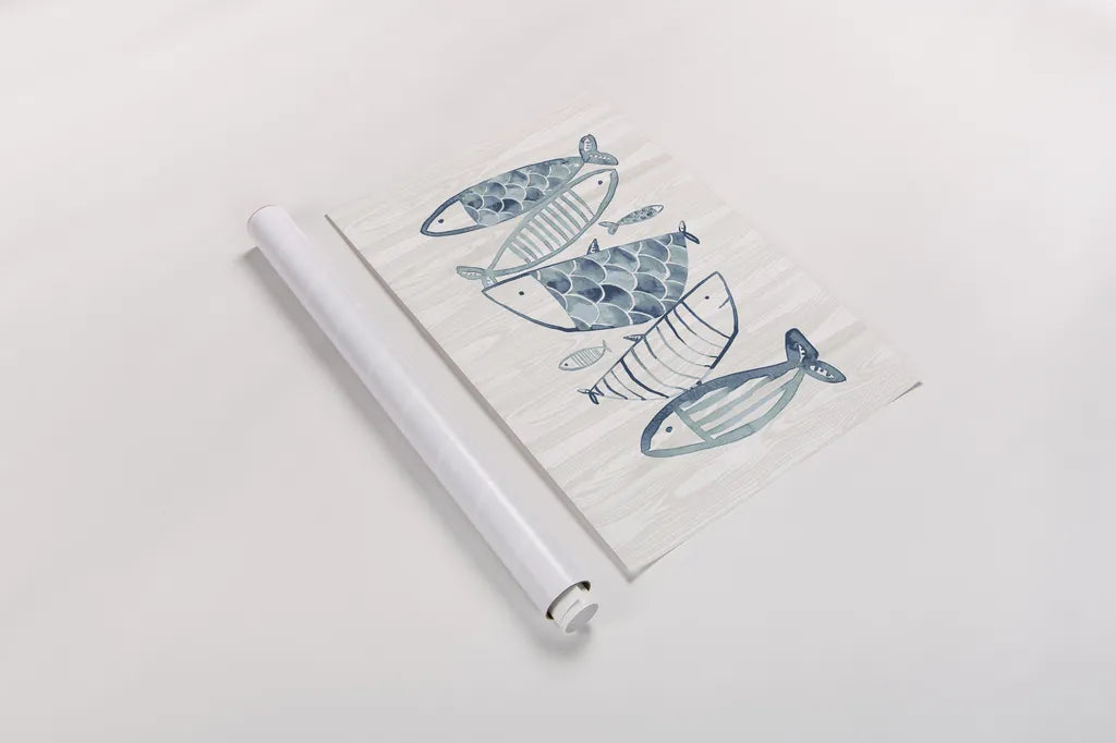 Driftwood Blue Fish II by Mercedes Lopez Charro. shown as a rolled paper print. Available as archival giclee rolled canvas, fine art paper, or poster print. SKU 82297h.
