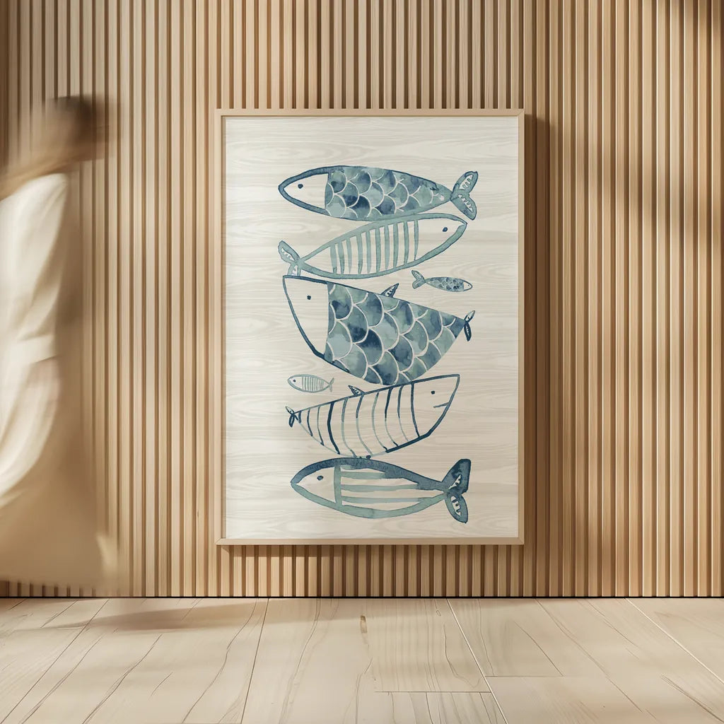 Driftwood Blue Fish II by Mercedes Lopez Charro. shown as over sized large wall art. Available as an archival giclee rolled canvas, fine art paper, or poster print. SKU 82297h.