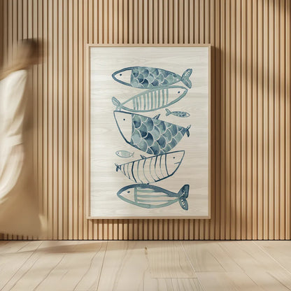 Driftwood Blue Fish II by Mercedes Lopez Charro. shown as over sized large wall art. Available as an archival giclee rolled canvas, fine art paper, or poster print. SKU 82297h.