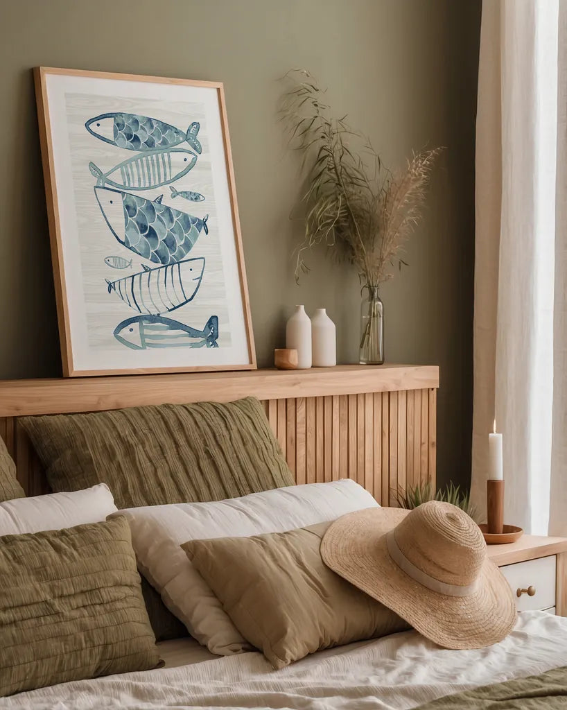 Driftwood Blue Fish II by Mercedes Lopez Charro. shown as a paper print in a natural frame. Available as a archival giclee rolled canvas, fine art paper, or poster print. SKU 82297h.