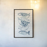 Driftwood Blue Fish II by Mercedes Lopez Charro. shown as a paper print in a black flame. Available as a archival giclee rolled canvas, fine art paper, or poster print. SKU 82297h.