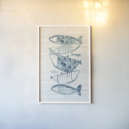 Driftwood Blue Fish II by Mercedes Lopez Charro. shown as a paper print in a white frame. Available as a archival giclee rolled canvas, fine art paper, or poster print. SKU 82297h.