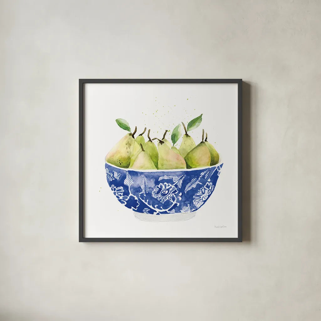 Elegant Fruit I by Mercedes Lopez Charro. Shown in a sleek black glass frame for a contemporary gallery look. Available as an archival giclee rolled canvas, fine art paper, or poster print. SKU 87855a.
