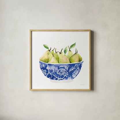 Elegant Fruit I by Mercedes Lopez Charro. Shown in a natural wood glass frame for a timeless modern aesthetic. Available as an archival giclee rolled canvas, fine art paper, or poster print. SKU 87855a.