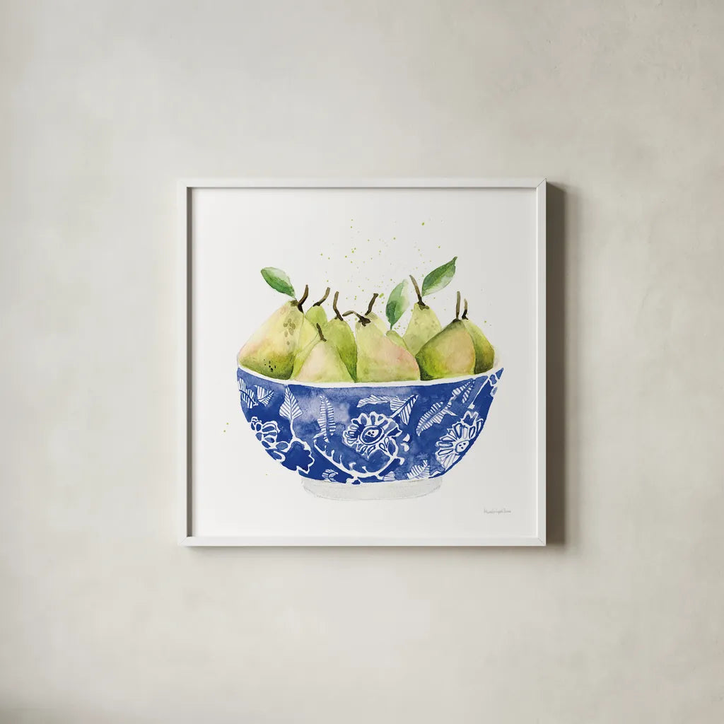 Elegant Fruit I by Mercedes Lopez Charro. Shown in a crisp white glass frame for a clean and minimalist style. Available as an archival giclee rolled canvas, fine art paper, or poster print. SKU 87855a.