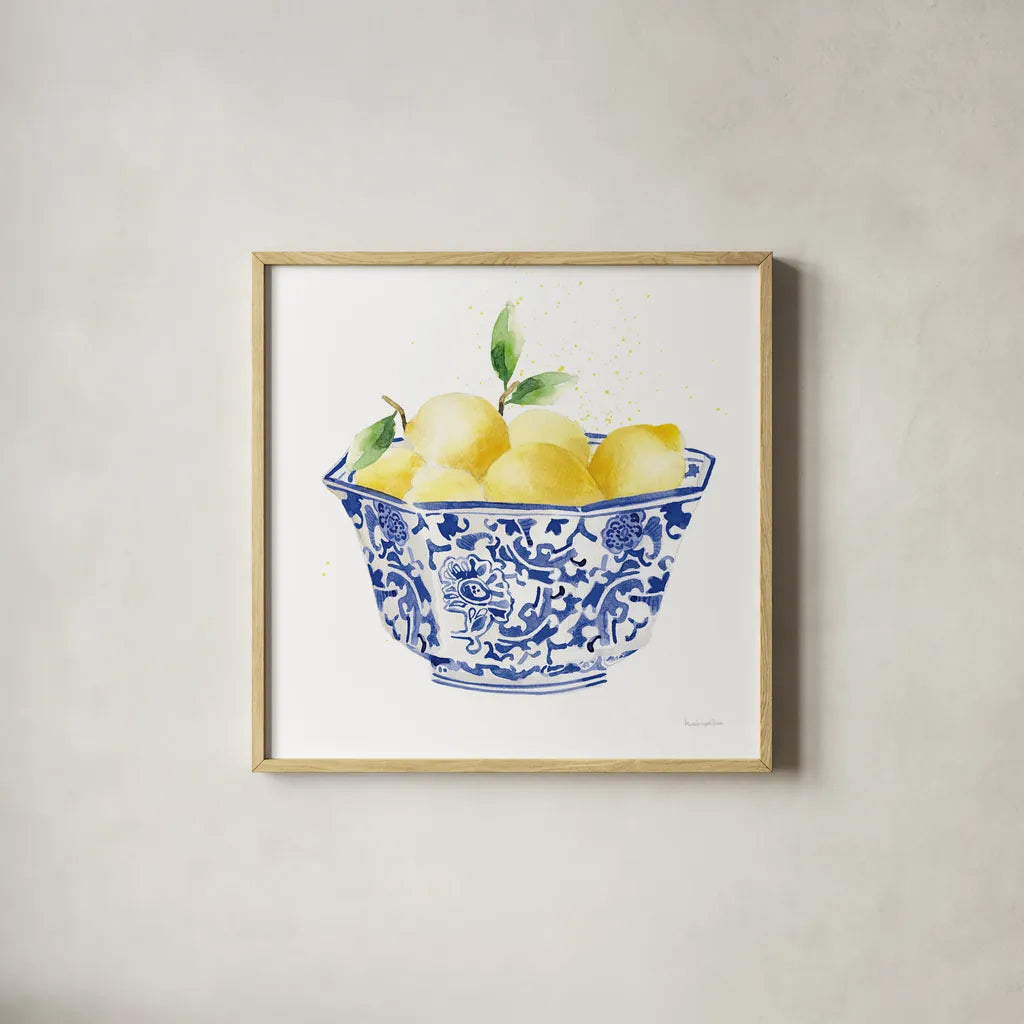 Elegant Fruit II by Mercedes Lopez Charro. Shown in a natural wood glass frame for a timeless modern aesthetic. Available as an archival giclee rolled canvas, fine art paper, or poster print. SKU 87856a.