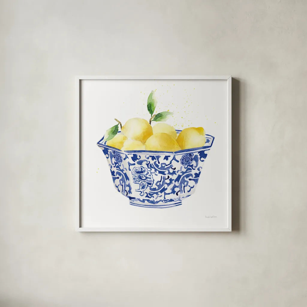 Elegant Fruit II by Mercedes Lopez Charro. Shown in a crisp white glass frame for a clean and minimalist style. Available as an archival giclee rolled canvas, fine art paper, or poster print. SKU 87856a.