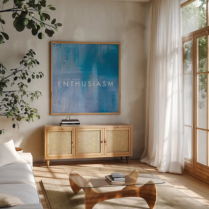 Enthusiasm by Mercedes Lopez Charro. Shown in a natural wood frame in a cozy modern living room. Available as an archival giclee rolled canvas, fine art paper, or poster print. SKU 67818a.