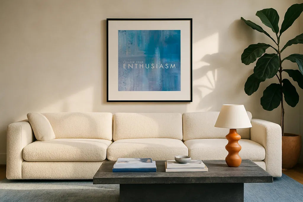 Enthusiasm by Mercedes Lopez Charro. Displayed in a glass frame with matte in a clean modern living room. Available as an archival giclee rolled canvas, fine art paper, or poster print. SKU 67818a.