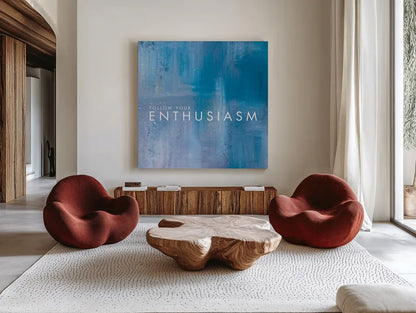 Enthusiasm by Mercedes Lopez Charro. Shown as extra-large giant wall art in a modern living room. Available as an archival giclee rolled canvas, fine art paper, or poster print. SKU 67818a.