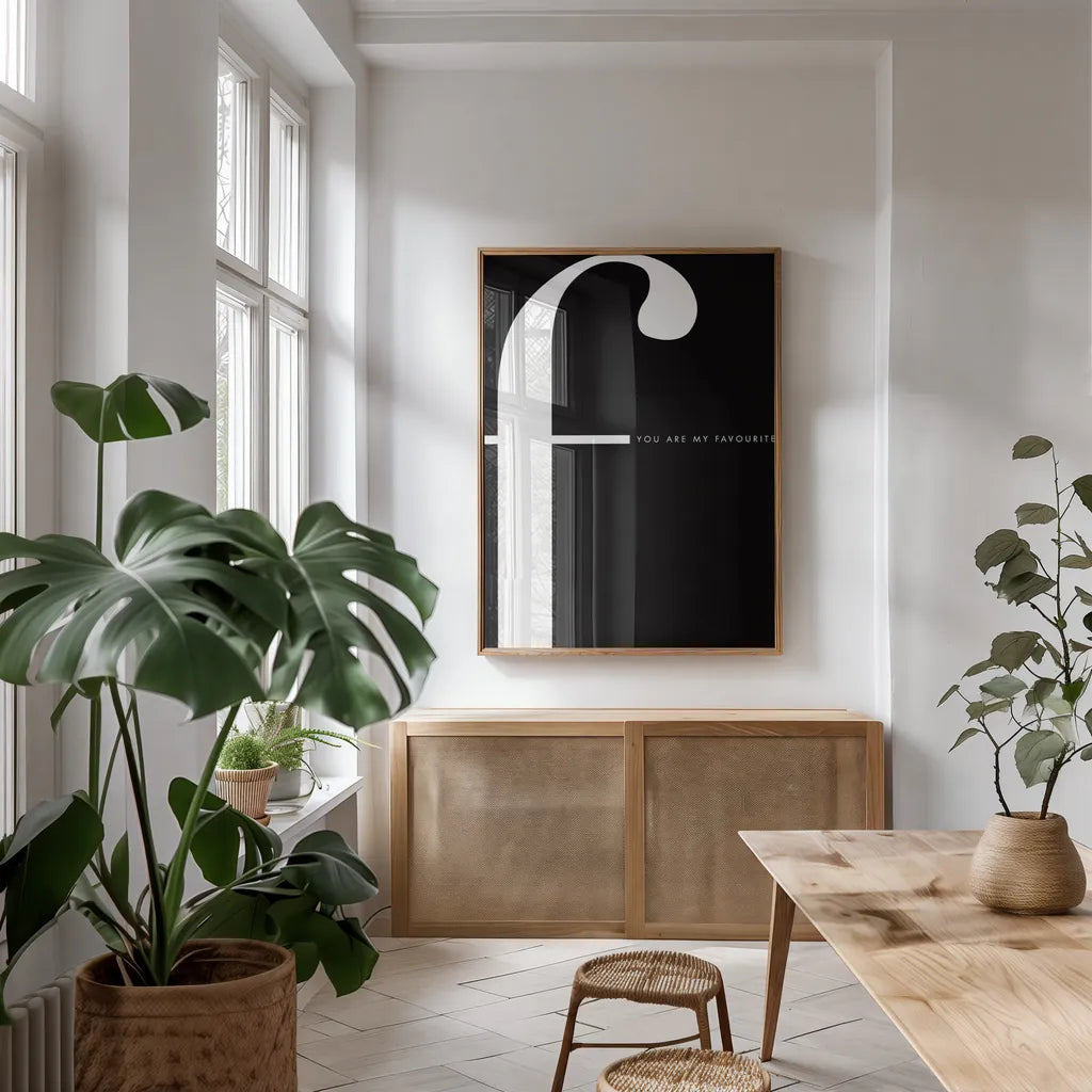 F is for Favourite by Mercedes Lopez Charro. shown as a print in a natural wood frame in a dining room. Available as a archival giclee rolled canvas, fine art paper, or poster print. SKU 64139h.