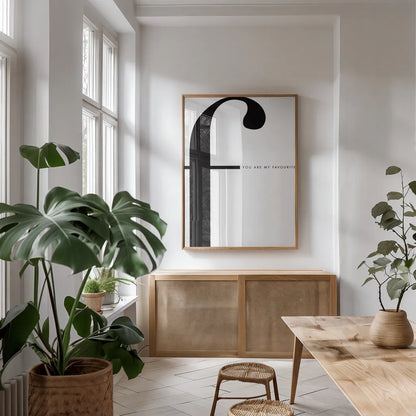 F is for favorite on White by Mercedes Lopez Charro. shown as a print in a natural wood frame in a dining room. Available as a archival giclee rolled canvas, fine art paper, or poster print. SKU 64146h.