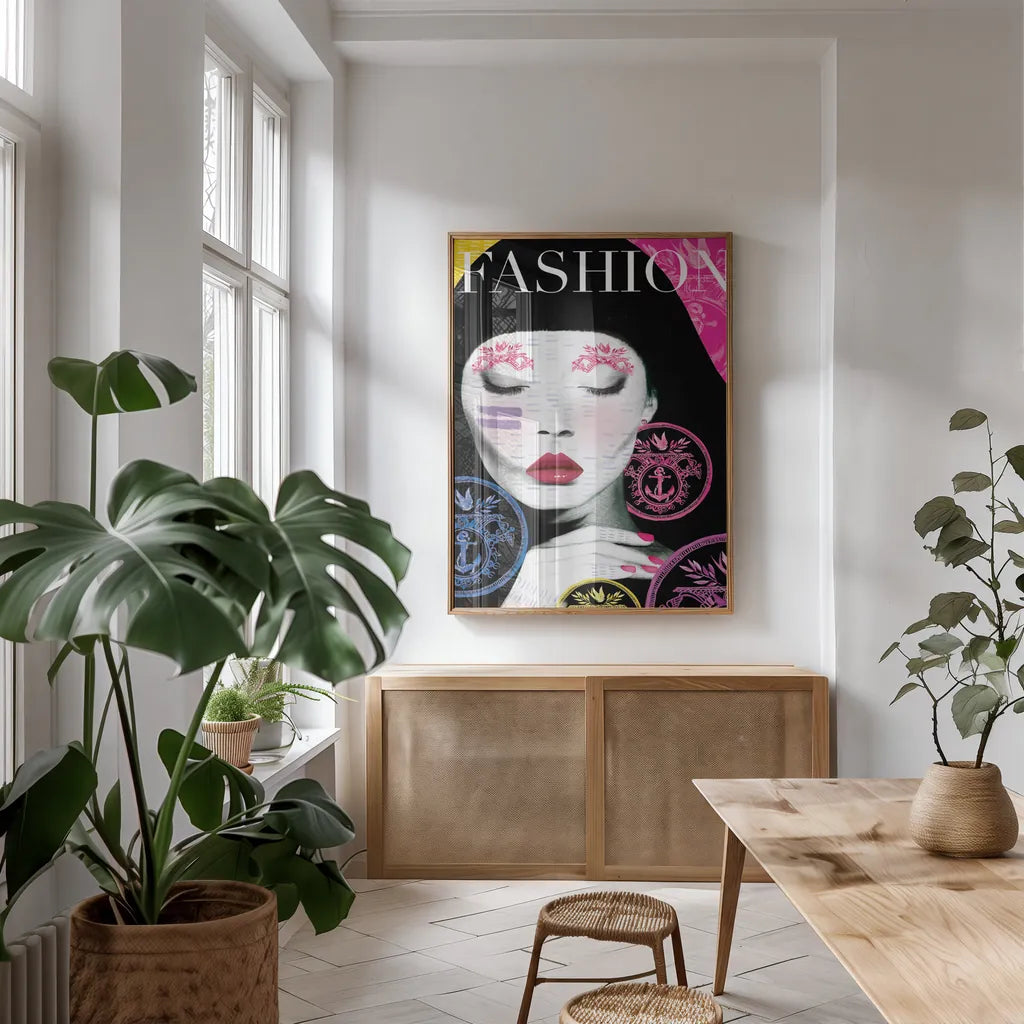 Fashion by Mercedes Lopez Charro. shown as a print in a natural wood frame in a dining room. Available as a archival giclee rolled canvas, fine art paper, or poster print. SKU 64614h.