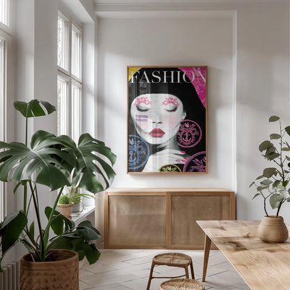 Fashion by Mercedes Lopez Charro. shown as a print in a natural wood frame in a dining room. Available as a archival giclee rolled canvas, fine art paper, or poster print. SKU 64614h.