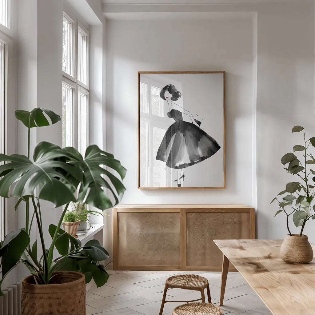 Fashion Debutante by Mercedes Lopez Charro. shown as a print in a natural wood frame in a dining room. Available as a archival giclee rolled canvas, fine art paper, or poster print. SKU 66872h.