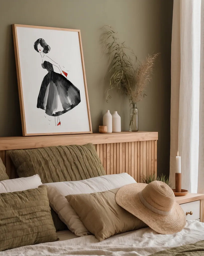 Fashion Debutante with Red by Mercedes Lopez Charro. shown as a paper print in a natural frame. Available as a archival giclee rolled canvas, fine art paper, or poster print. SKU 68868h.